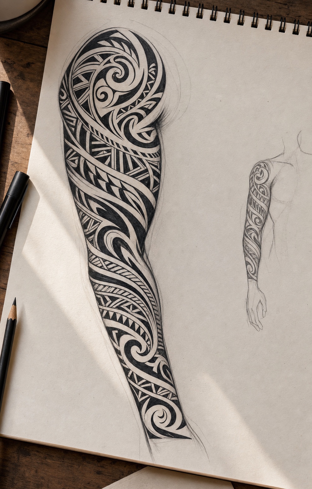 Tribal sleeve tattoo drawing reference with bold black flowing arm pattern.