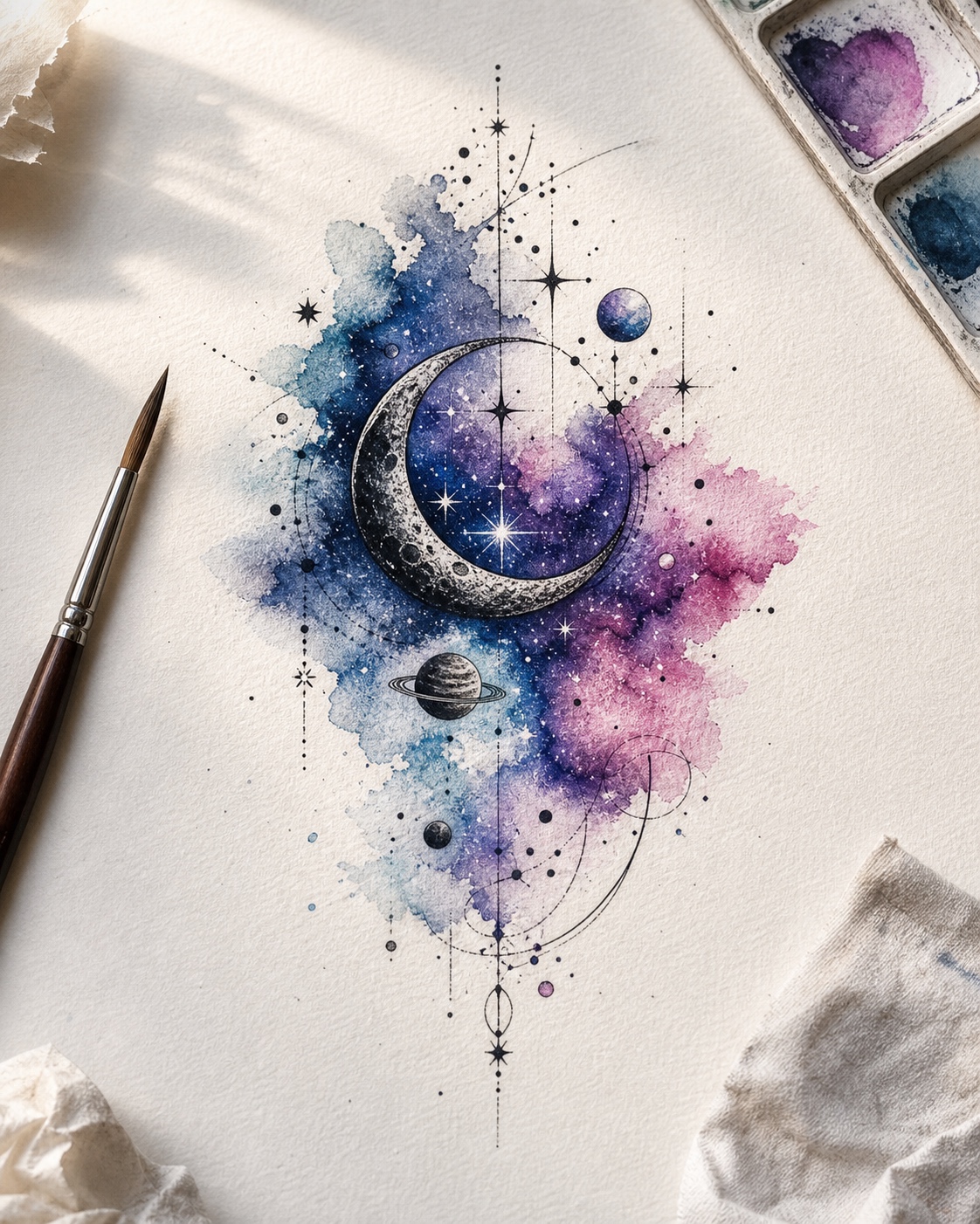 Watercolor galaxy tattoo drawing reference with moon, stars, planets, and ink linework.