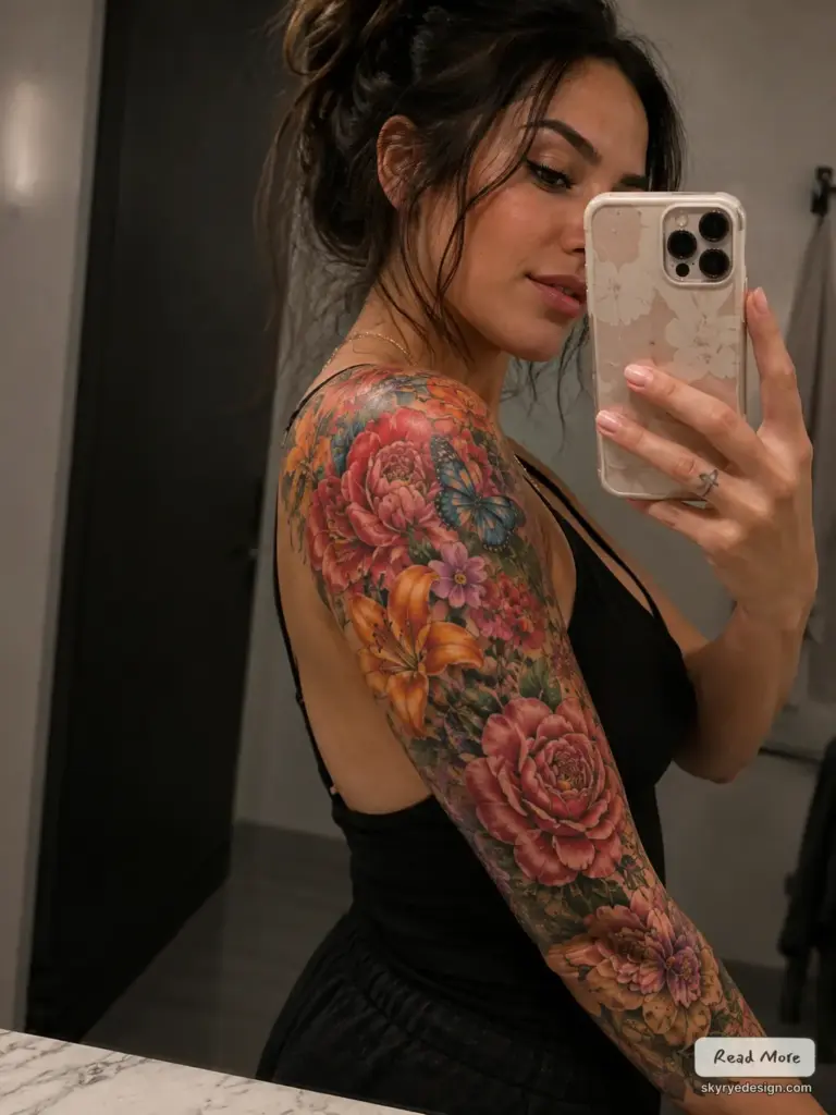 Mirror selfie of woman showcasing vibrant full-sleeve floral tattoo with peonies, lilies and butterfly on upper arm.