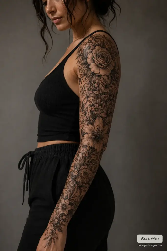 Woman with detailed black-and-grey full-sleeve floral tattoo featuring roses, lilies and leaves on arm