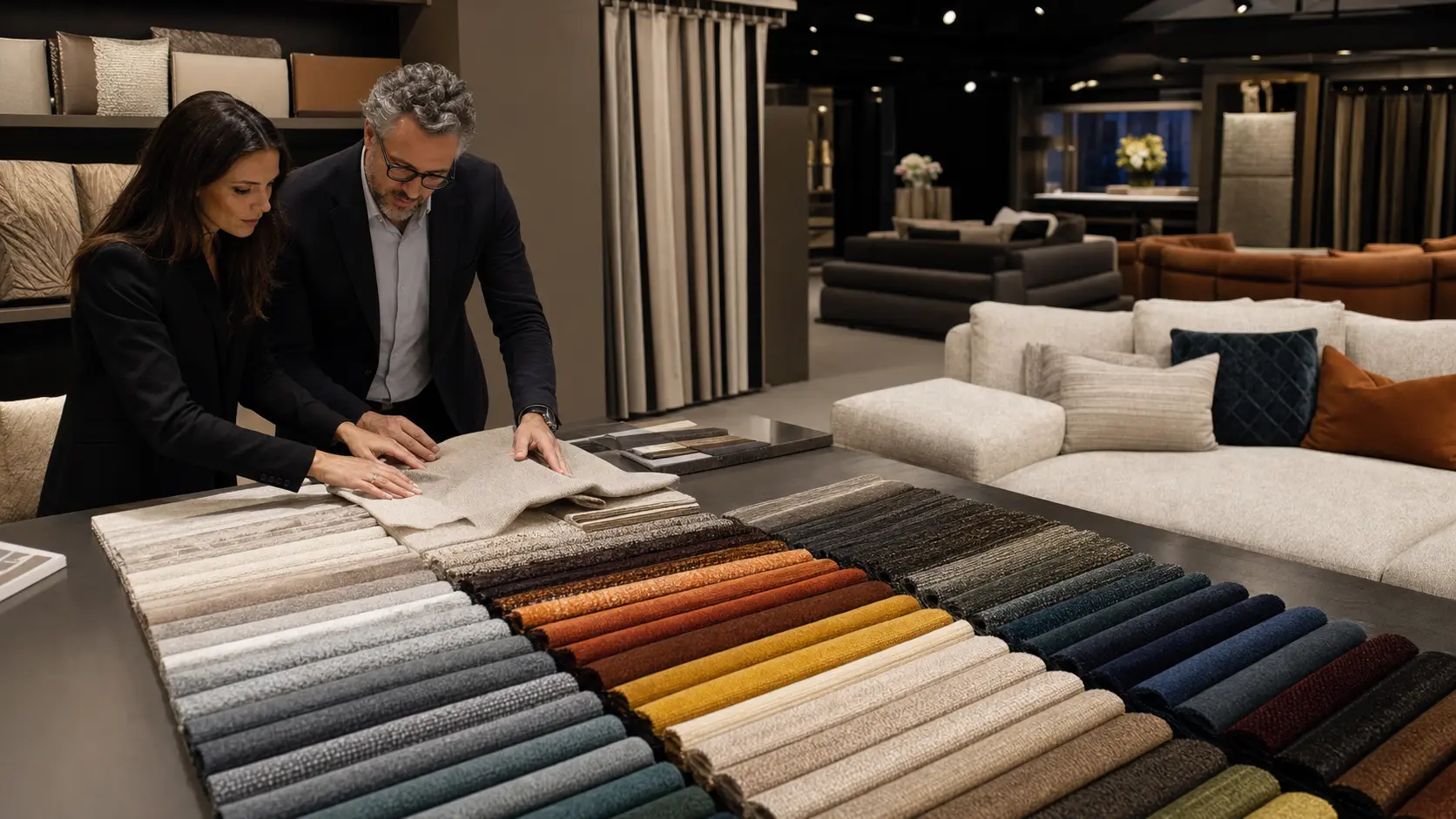 Designers reviewing upholstery fabric samples on a table of colorful swatches in a modern furniture showroom