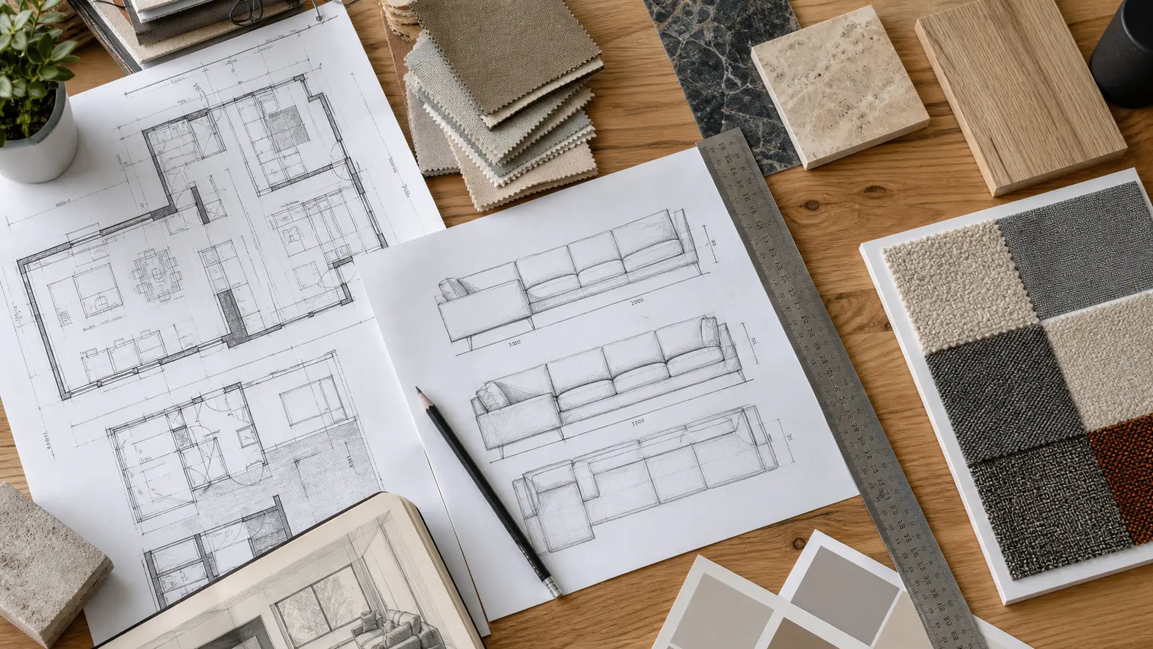 Interior design workspace: floor plans, sofa sketches, fabric swatches, flooring and color samples on wooden table.