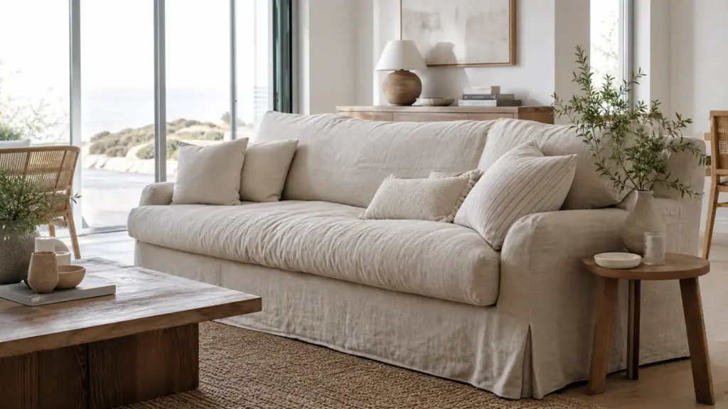 Neutral beige linen sofa with decorative pillows in coastal living room, wooden coffee table and potted plant decor