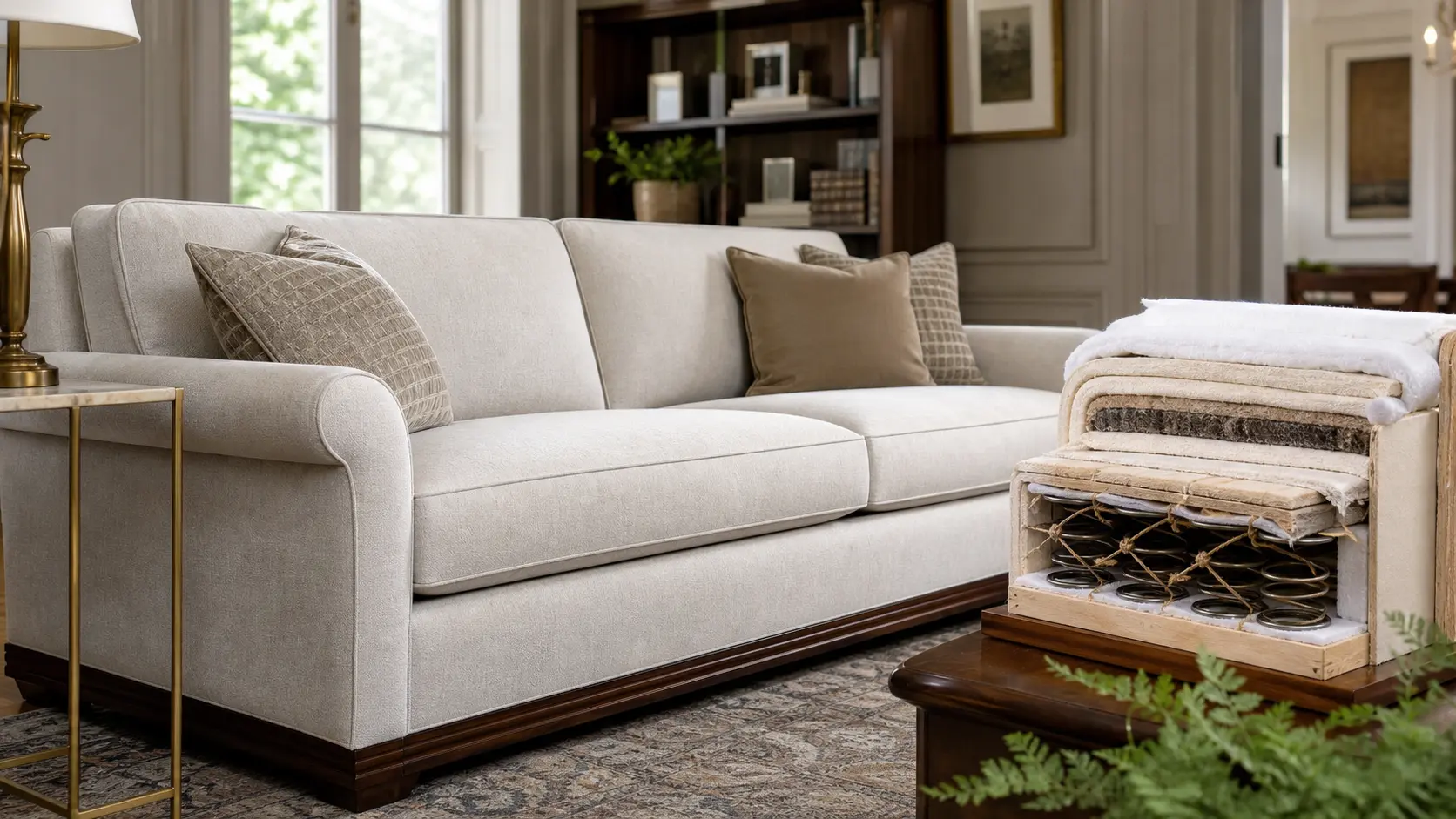 Beige upholstered sofa with decorative pillows in neutral living room; cutaway shows sofa springs and upholstery layers.