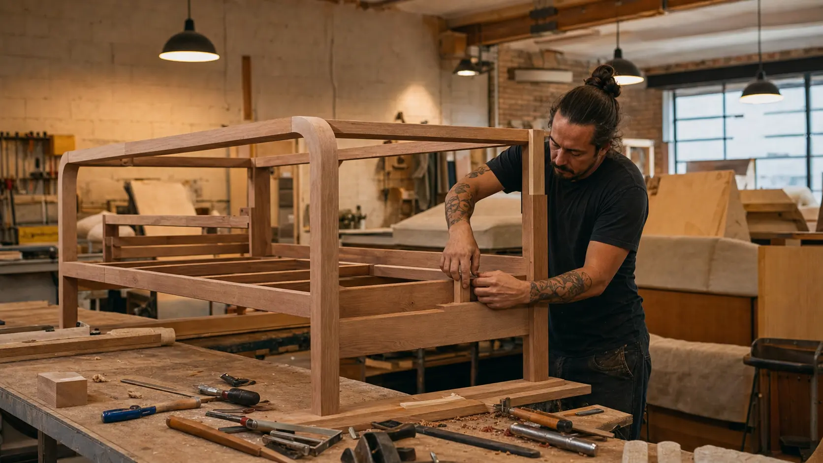 Skilled woodworker assembling handcrafted wooden sofa frame in workshop, tools on workbench