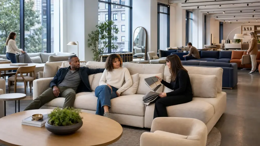 Modern furniture showroom: couple reviewing fabric samples on beige sectional sofa with salesperson.