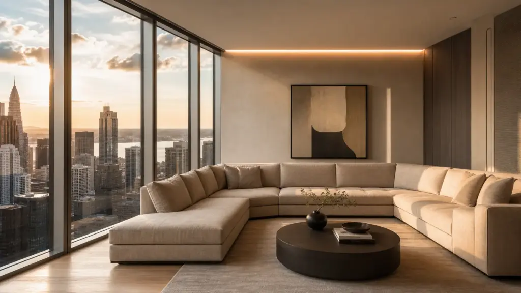 Luxury condo living room with floor-to-ceiling windows, beige sectional, city skyline view at sunset