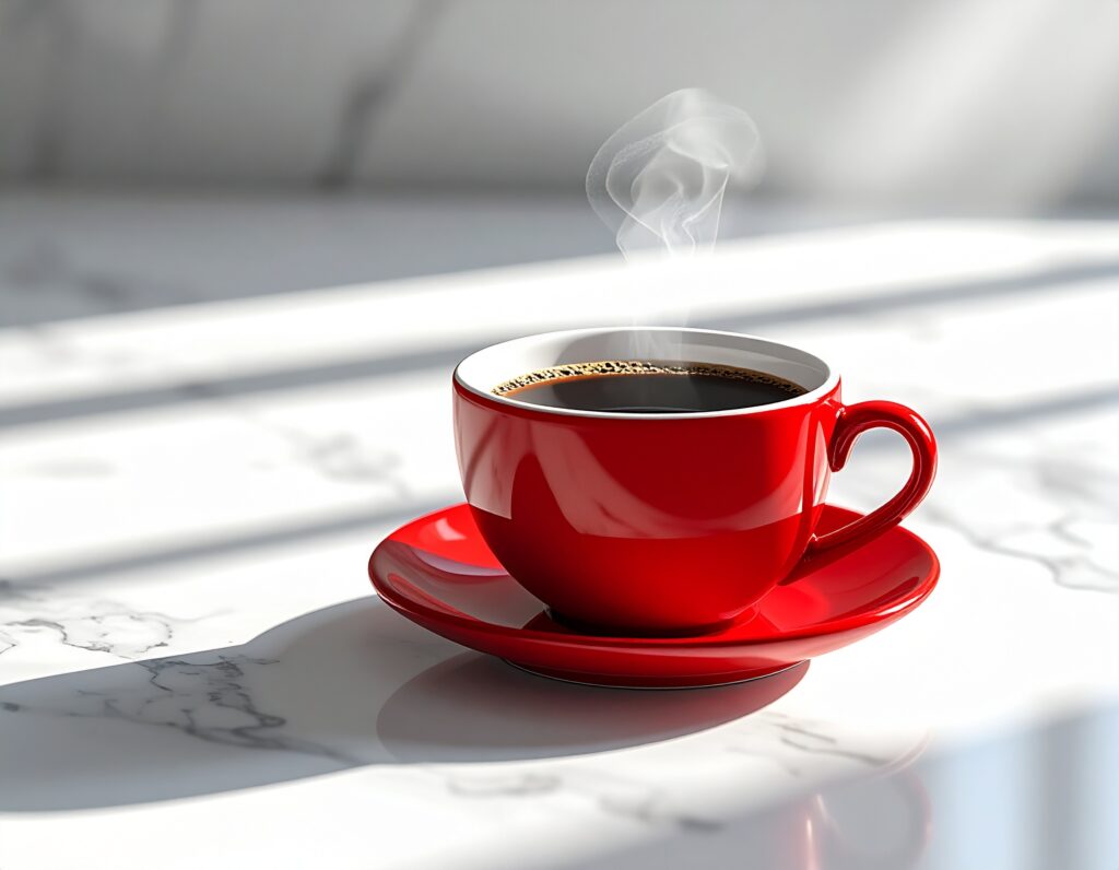 Steaming black coffee in a glossy red cup and saucer on a marble countertop with morning sunlight.