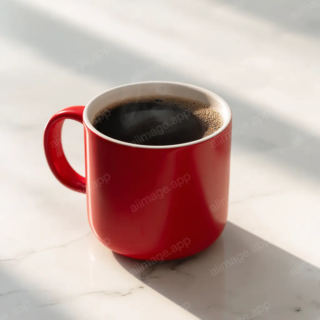 Red coffee mug with black coffee on marble countertop; morning sunlight casts long shadow