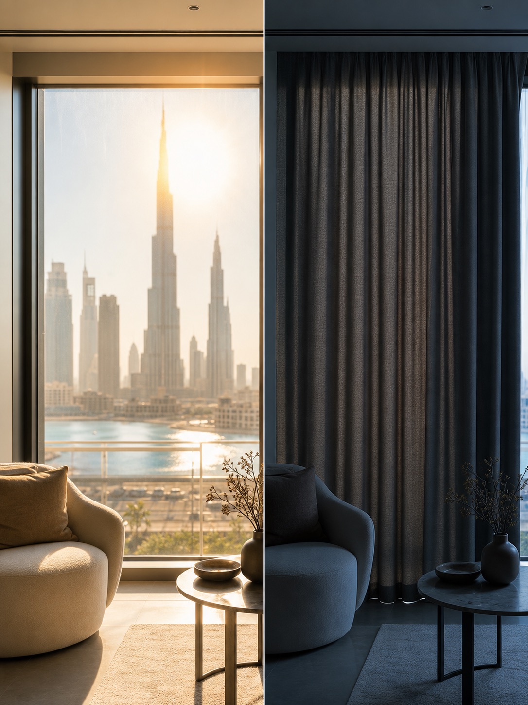 Split view of a Dubai window showing harsh sun on one side and a cooler shaded interior behind blackout curtains.