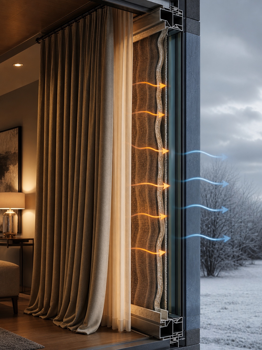 Thermal custom drapes window cutaway Cutaway illustration of interlined custom drapes reducing heat transfer at a floor-to-ceiling window. | Sky Rye Design Cutaway illustration of interlined custom drapes reducing heat transfer at a floor-to-ceiling window.