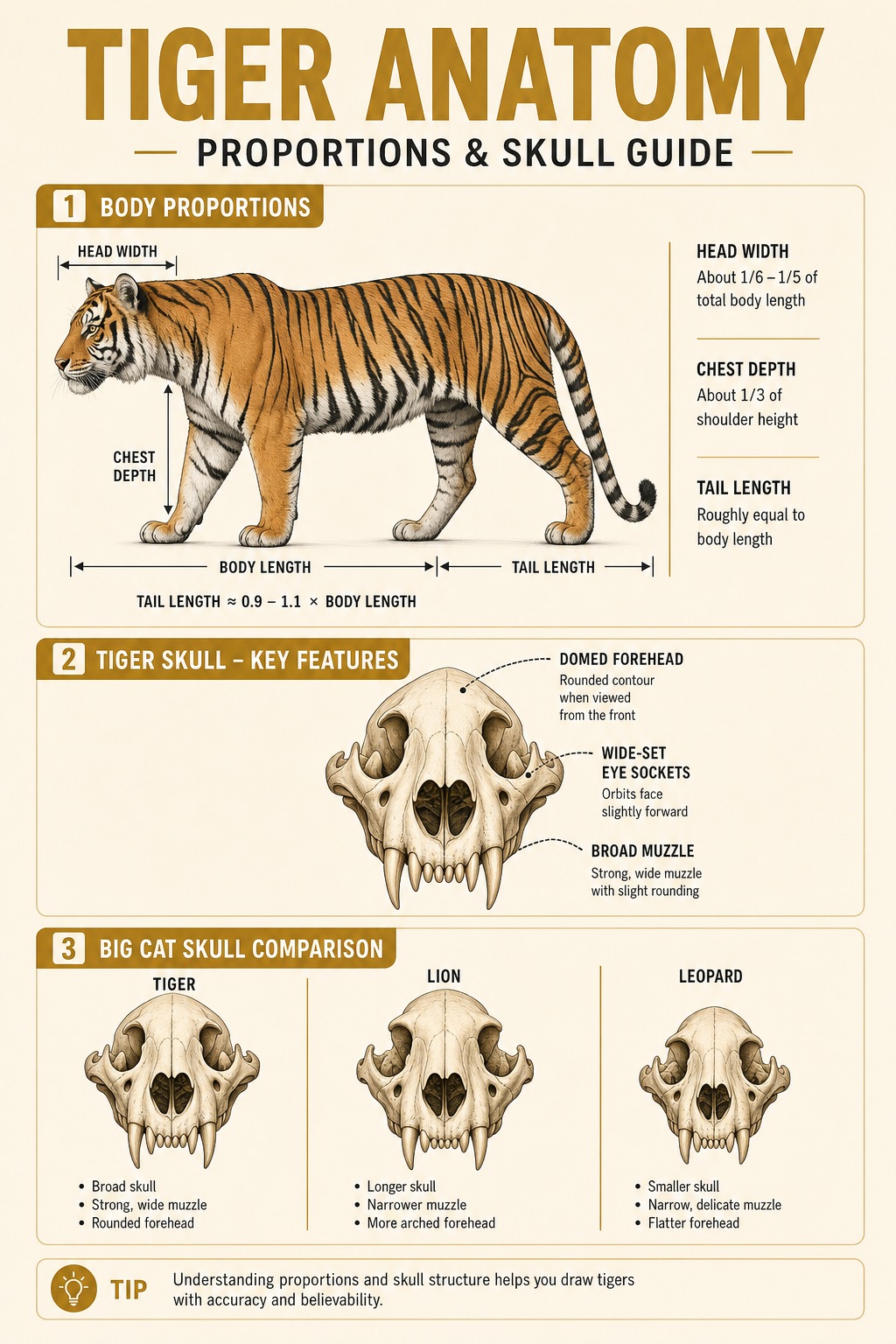Educational tiger anatomy proportions guide with body, skull, and big cat comparison panels.