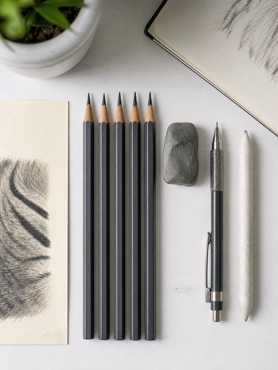 Flat lay of pencils, erasers, tortillon, and a small tiger fur texture test for drawing practice.