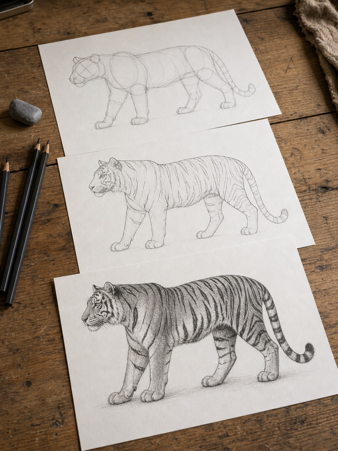 Three sheets showing tiger drawing progress from rough ovals to outline to finished portrait.