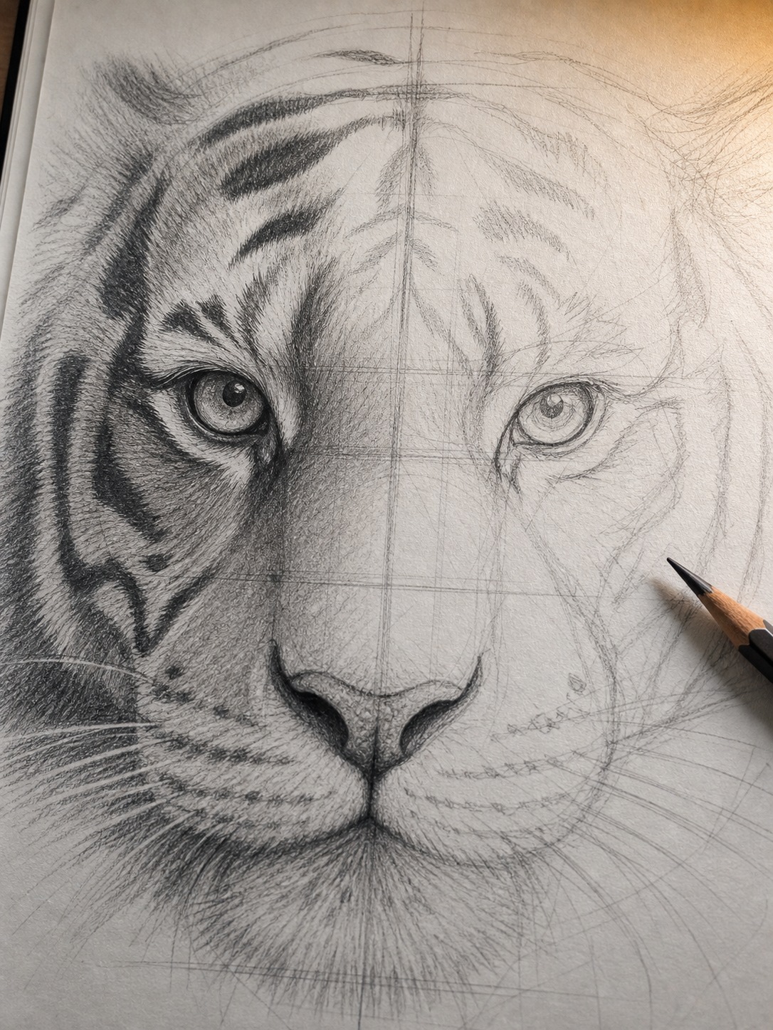 Close-up graphite tiger face sketch with visible construction lines around the eyes and nose.