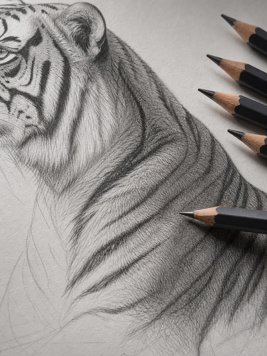 Macro view of graphite tiger fur texture on the shoulder and neck of a drawing.