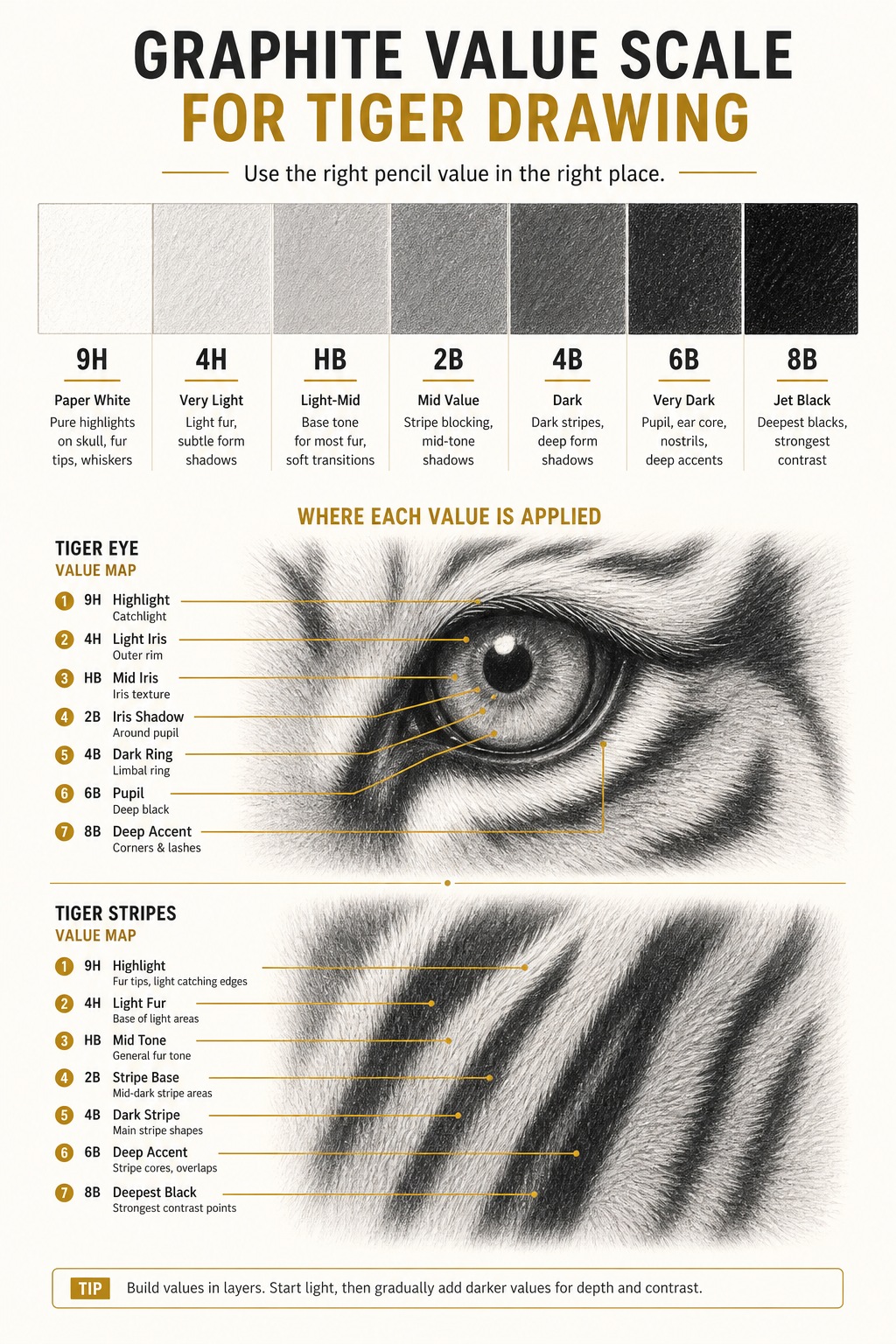 Educational graphite value scale showing pencil grades and where to use them in tiger drawing.