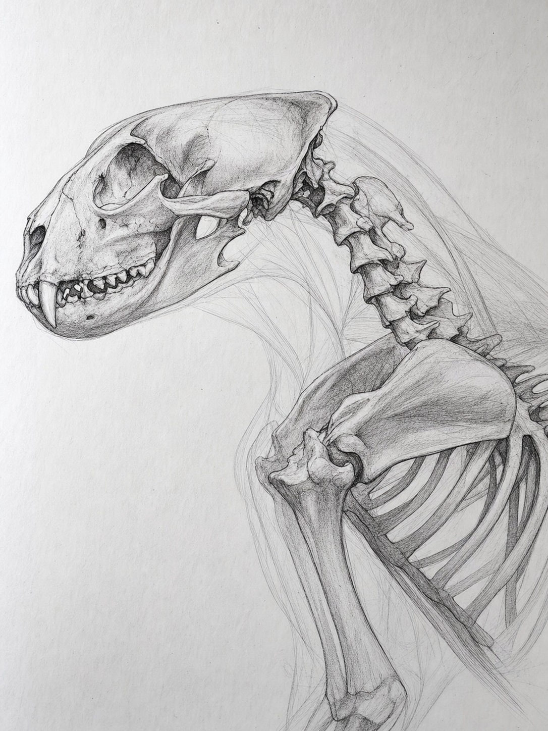 Close-up graphite study of a tiger skull and skeletal structure drawn on white paper.