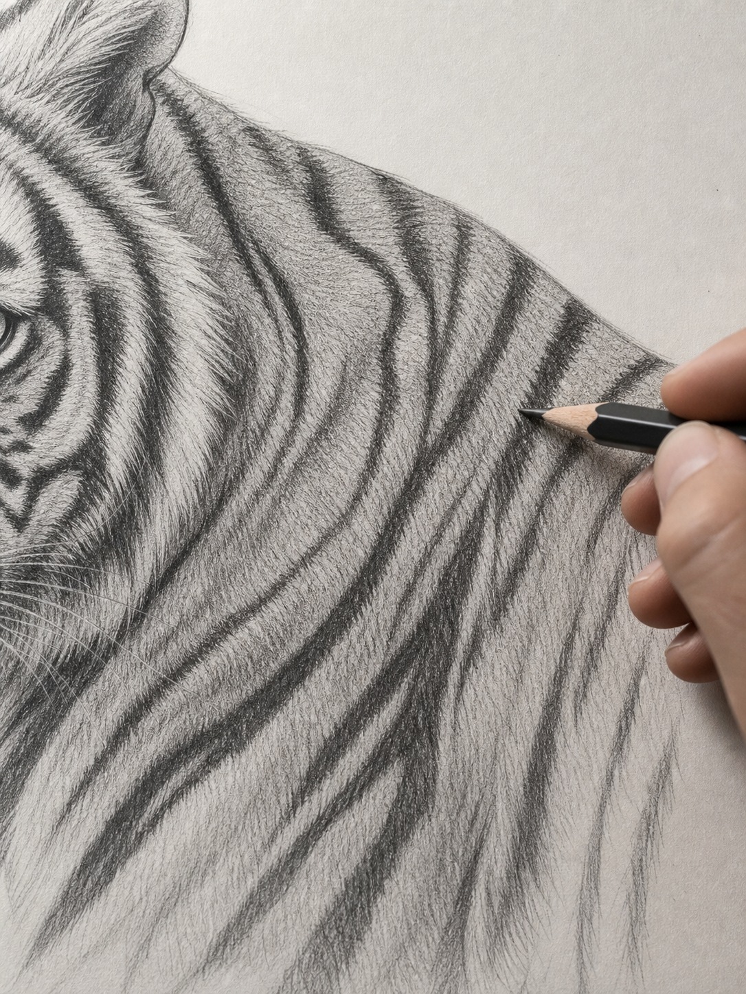 Graphite study of tiger shoulder and flank stripes being drawn on paper.