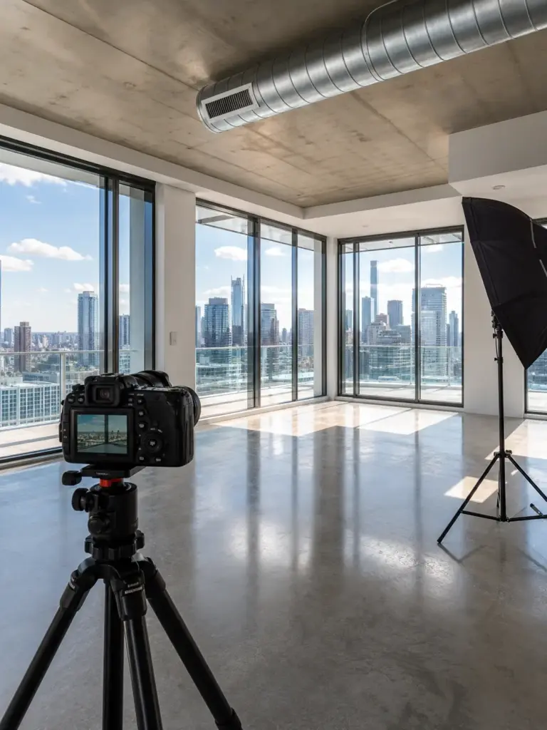 Real estate photography: modern empty high-rise condo with floor-to-ceiling windows and city skyline, camera on tripod
