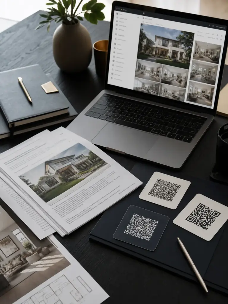 Desk with laptop displaying property photos, printed real estate brochures, QR code cards and pen for property marketing