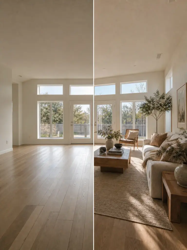 Before-and-after home staging comparison: sunlit open living room with hardwood floors, large windows, neutral modern decor