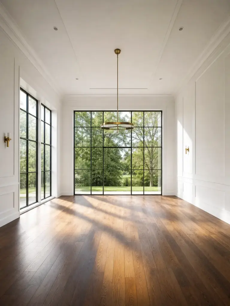 Bright modern living room with dark hardwood floors, floor-to-ceiling black-framed windows and brass chandelier