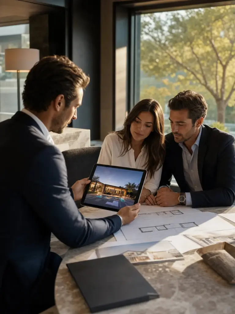 Real estate agent showing modern luxury home with pool on tablet to couple over architectural floor plans
