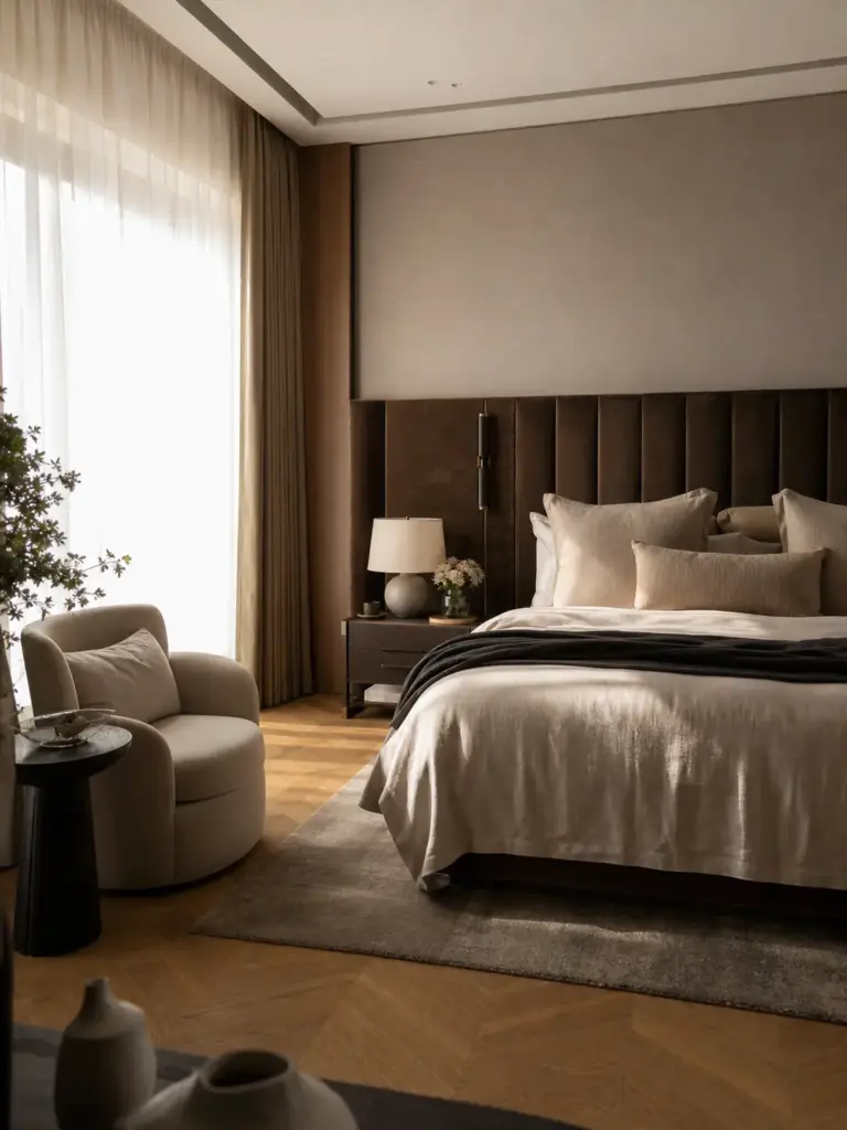 Modern luxury neutral bedroom with velvet headboard, layered beige bedding, bedside lamp and armchair by sheer curtains