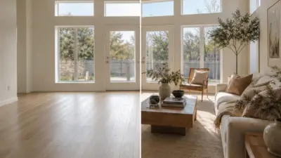 Split-screen of a living room: left empty with hardwood floors; right furnished with sofa, coffee table, and plants.