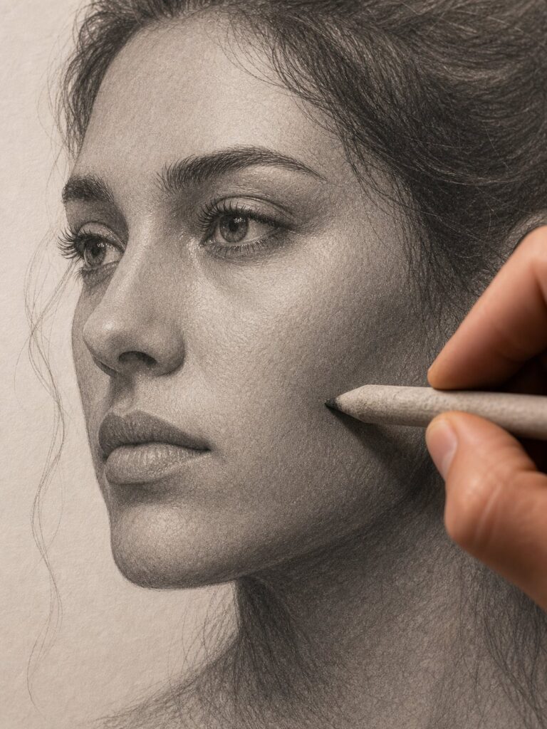 tortillon-blending-portrait-gradient Hyperrealistic pencil portrait close-up of a woman's face in profile with artist's hand shading her cheek. | Sky Rye Design Hyperrealistic pencil portrait close-up of a woman's face in profile with artist's hand shading her cheek.