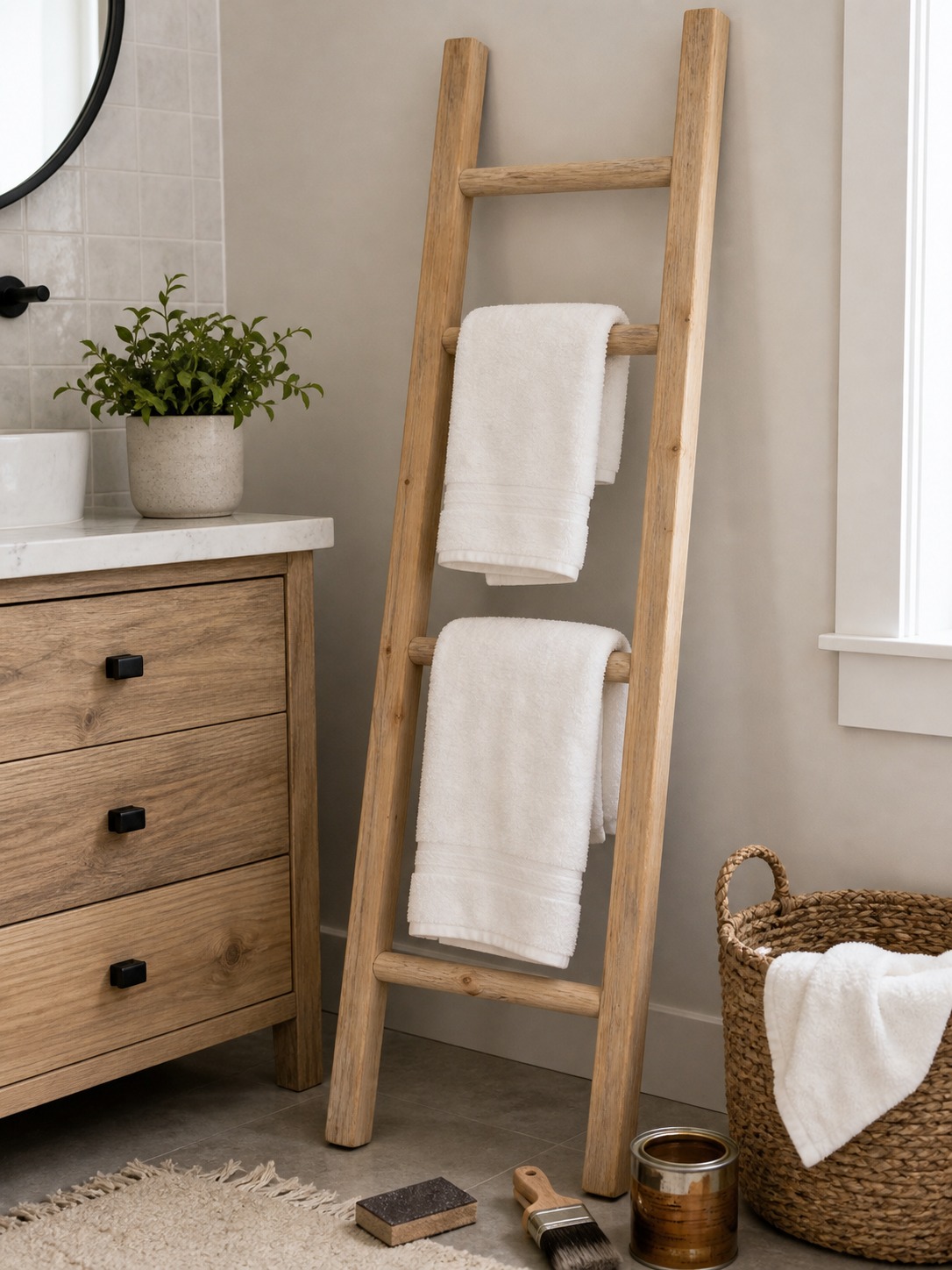 Handmade wooden towel ladder in a bathroom corner