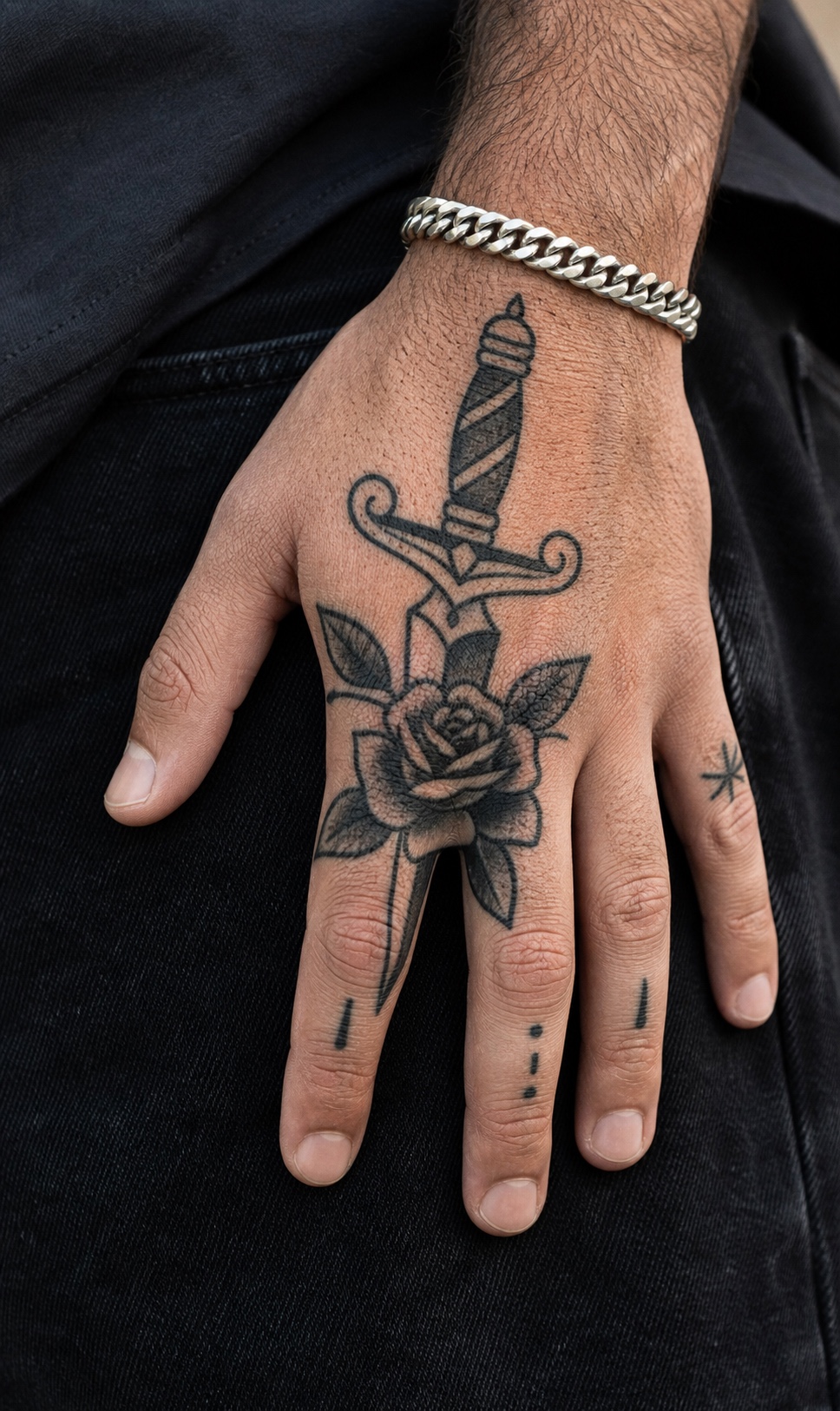Traditional dagger and rose hand tattoo Close-up of a man’s left hand with a dagger and rose tattoo on the back of the hand, wearing a silver chain bracelet. | Sky Rye Design Traditional dagger and rose hand tattoo with bold black outlines