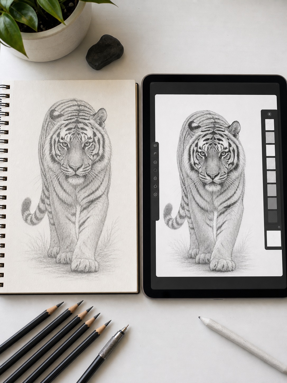 Traditional pencil tiger sketch beside a matching digital tiger drawing on an iPad.