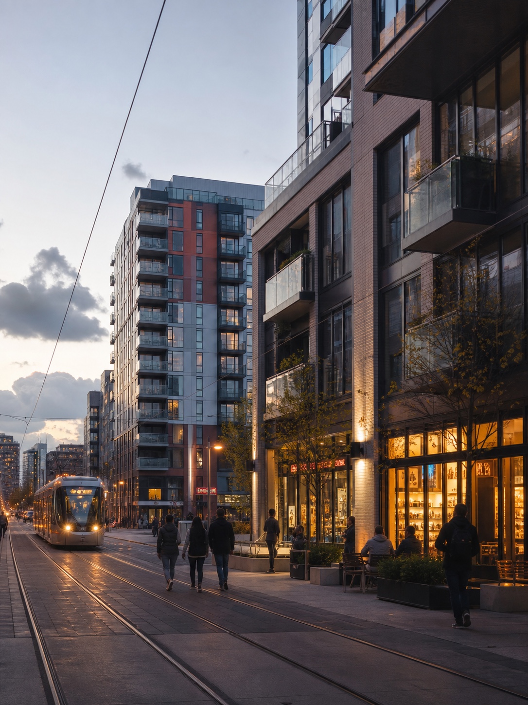 Transit-oriented residential district A modern transit-oriented residential district at dusk with a tram line and active ground floors. | Sky Rye Design A modern transit-oriented residential district at dusk with a tram line and active ground floors.
