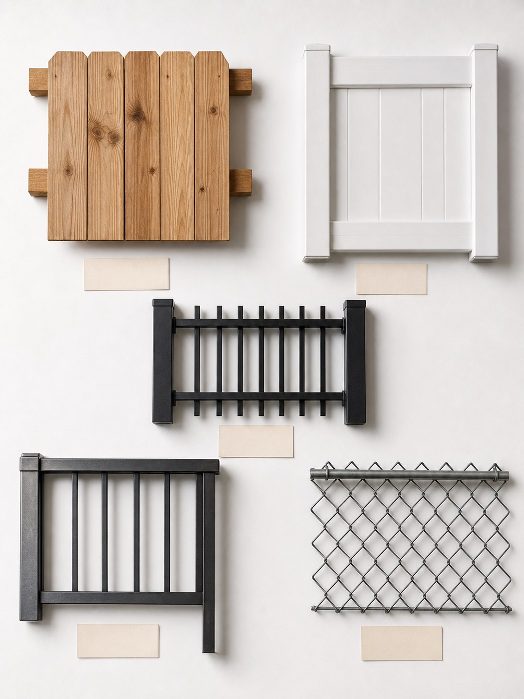 Fence material comparison with cedar, vinyl, aluminum, steel, and chain-link samples.