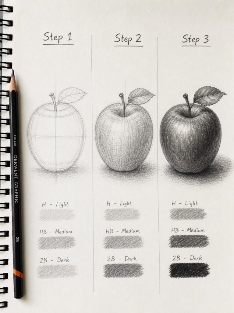tutorial-graphite-layering-technique Step-by-step pencil drawing tutorial: three apple sketches with shading values (H, HB, 2B) in a spiral sketchbook with pencil. | Sky Rye Design Step-by-step pencil drawing tutorial: three apple sketches with shading values (H, HB, 2B) in a spiral sketchbook with pencil.