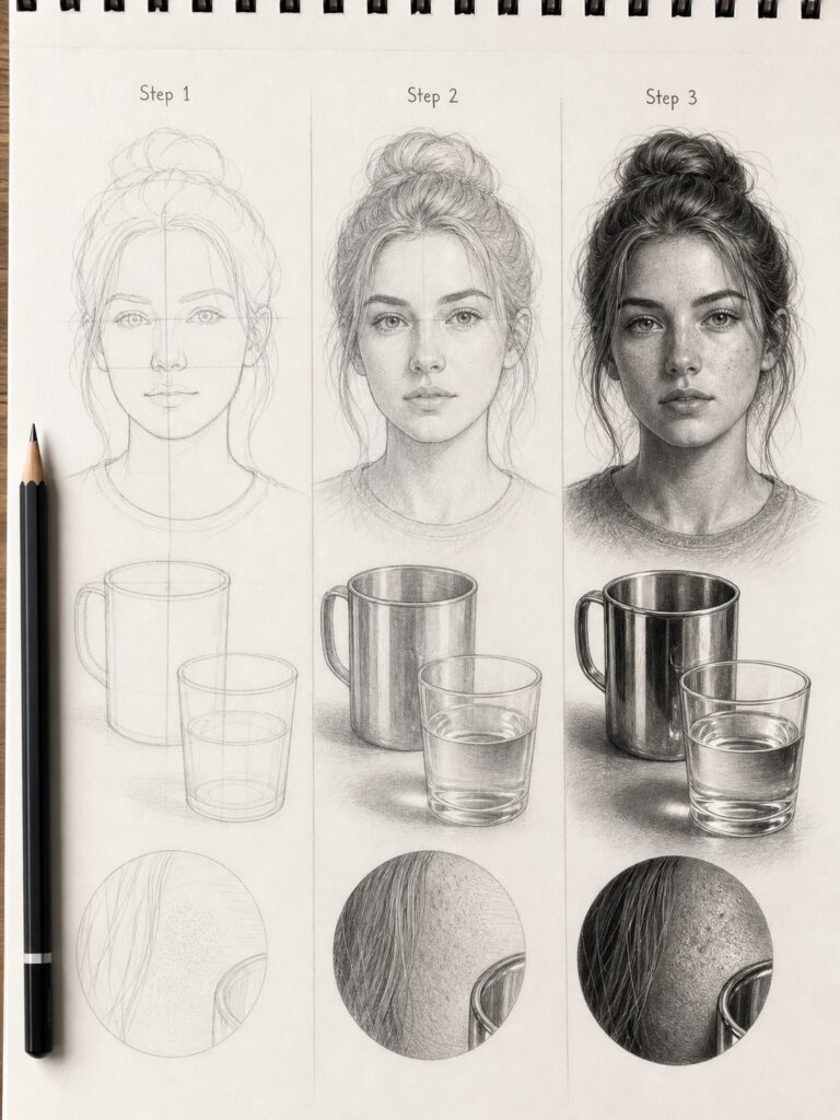 tutorial-graphite-textures-hair-skin-metal-glass Step-by-step pencil drawing tutorial: three stages from sketch to photorealistic portrait, metal mug and glass with shading | Sky Rye Design Step-by-step pencil drawing tutorial: three stages from sketch to photorealistic portrait, metal mug and glass with shading