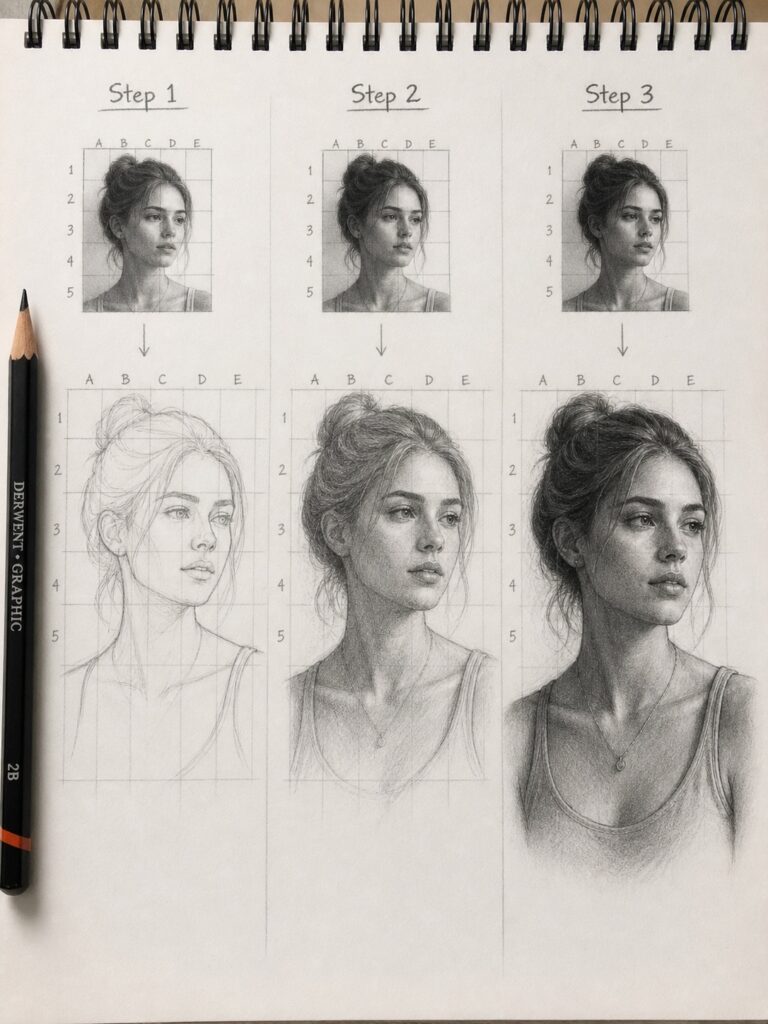 tutorial-grid-method-proportion-transfer Gridded pencil portrait tutorial: step-by-step progress of a young woman, from light sketch to realistic shaded rendering | Sky Rye Design Gridded pencil portrait tutorial: step-by-step progress of a young woman, from light sketch to realistic shaded rendering