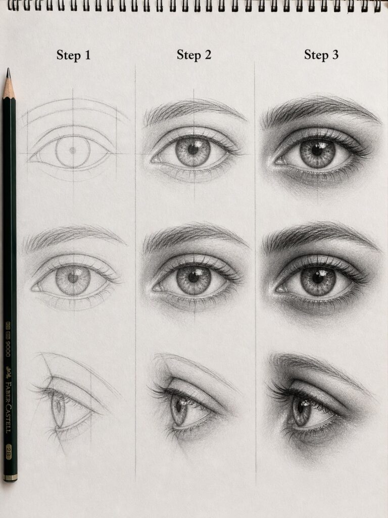 tutorial-kneaded-eraser-eye-highlights Pencil eye drawing tutorial — step-by-step, three-column progression from basic outline to detailed, shaded realistic eye. | Sky Rye Design Pencil eye drawing tutorial — step-by-step, three-column progression from basic outline to detailed, shaded realistic eye.