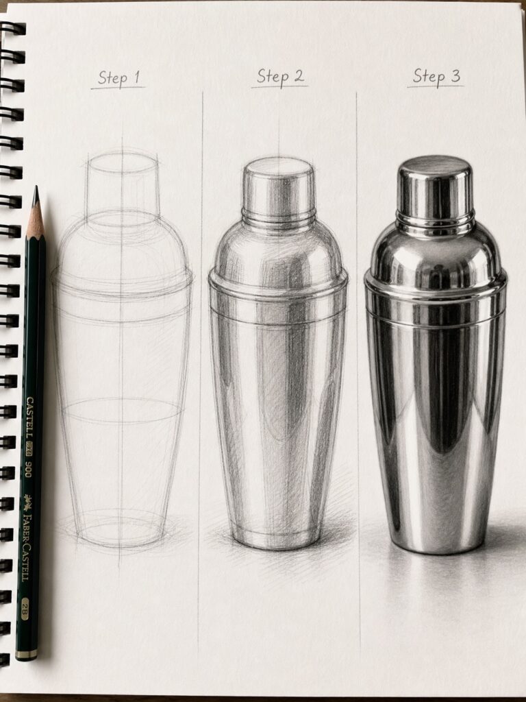 tutorial-metallic-object-highlights Three-step pencil sketch tutorial of a realistic reflective metal cocktail shaker in a spiral sketchbook. | Sky Rye Design Three-step pencil sketch tutorial of a realistic reflective metal cocktail shaker in a spiral sketchbook.