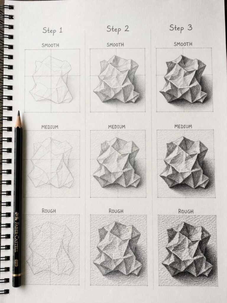 tutorial-paper-texture-graphite-comparison Sketchbook shading study: 3x3 pencil grid showing smooth, medium, rough textures across three shading steps with pencil. | Sky Rye Design Sketchbook shading study: 3x3 pencil grid showing smooth, medium, rough textures across three shading steps with pencil.