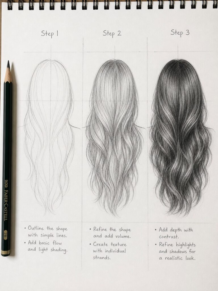 tutorial-realistic-hair-strand-variation Pencil drawing tutorial: step-by-step long wavy hair with shading on sketchbook (Steps 1-3) | Sky Rye Design Pencil drawing tutorial: step-by-step long wavy hair with shading on sketchbook (Steps 1-3)