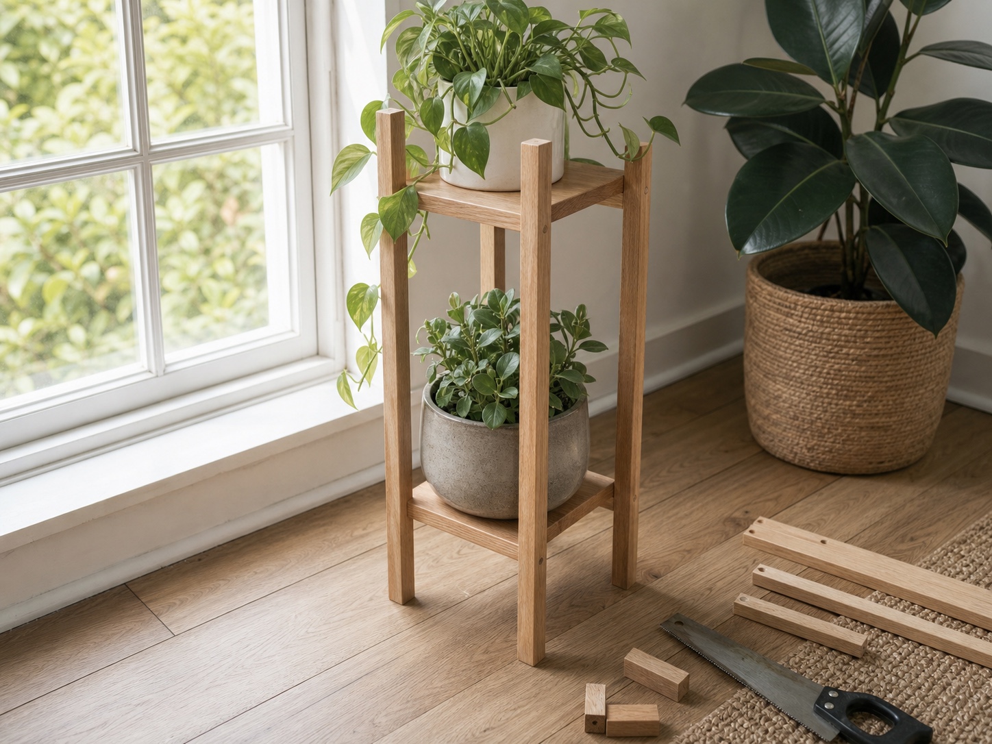 Two-tier wooden plant stand made from square dowels near a window
