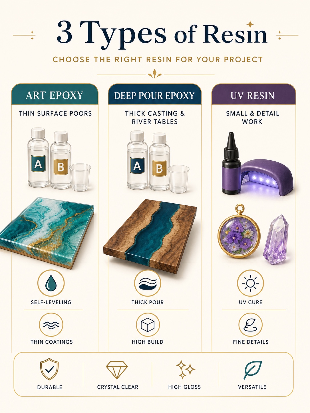 Infographic comparing art epoxy, deep pour epoxy and UV resin for different resin art projects.