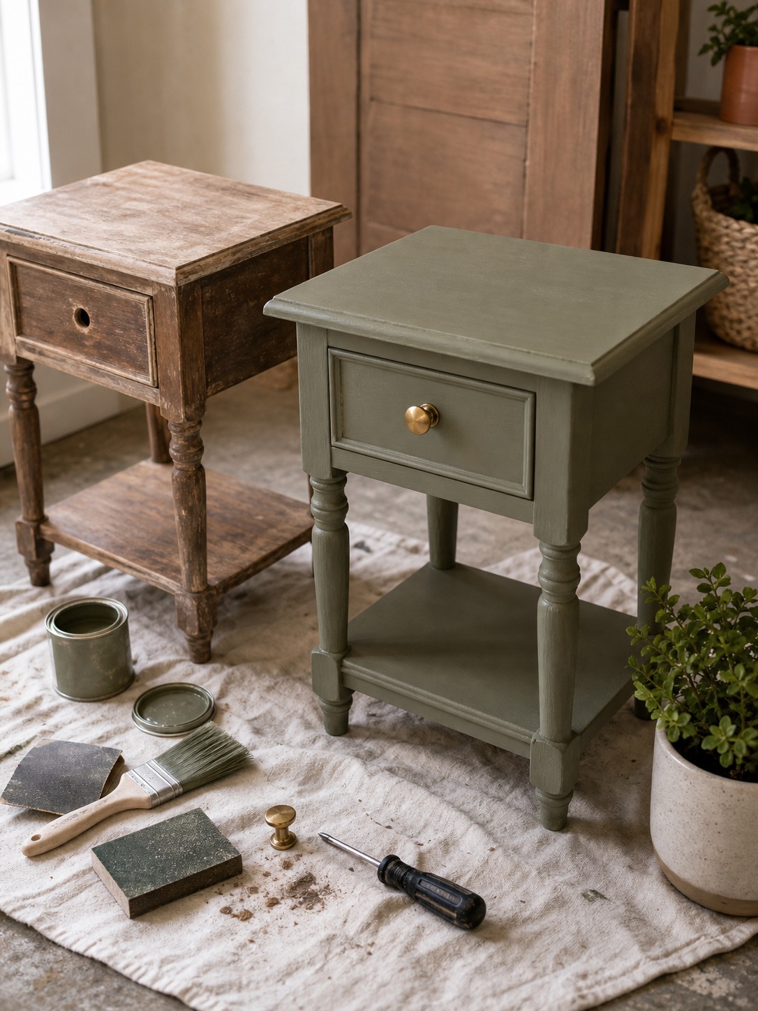 Upcycled side table painted olive green with brass knob and tools