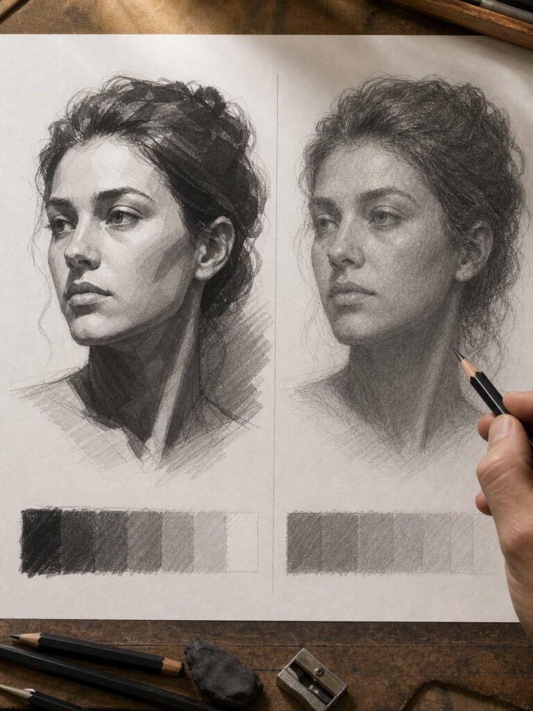 value-structure-before-detail-comparison Realistic pencil portrait head studies of a woman on paper, grayscale value scales below, artist's hand holding pencil | Sky Rye Design Realistic pencil portrait head studies of a woman on paper, grayscale value scales below, artist's hand holding pencil