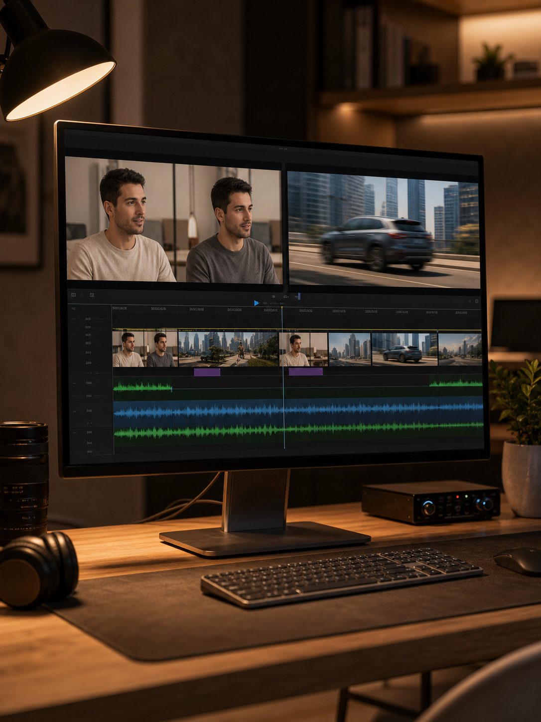 Video editing workspace with a generic timeline of AI face swap clips, b-roll, and audio waveforms.