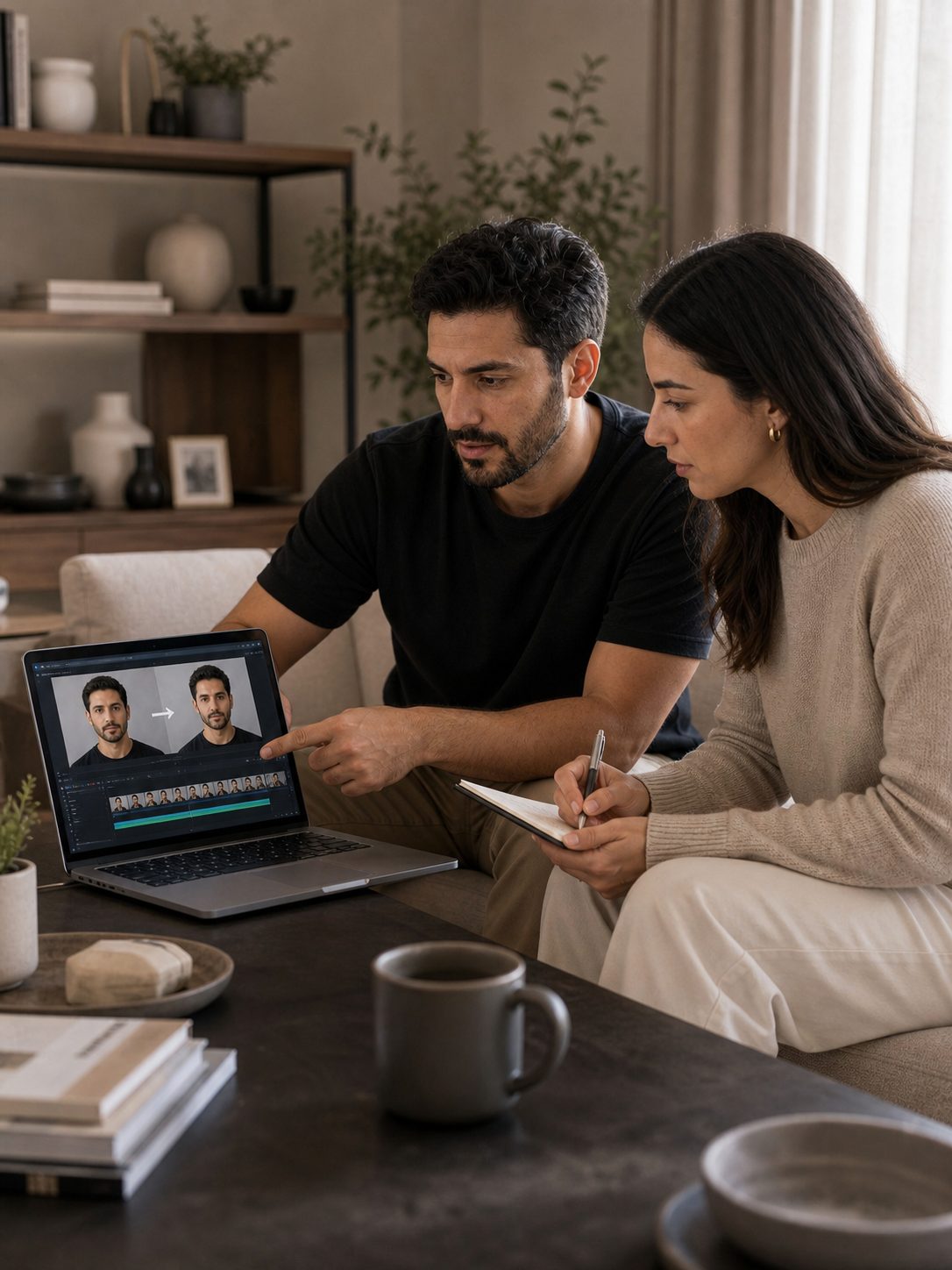 Two adults watching a laptop showing an AI face swap video comparison and giving feedback in a living room.
