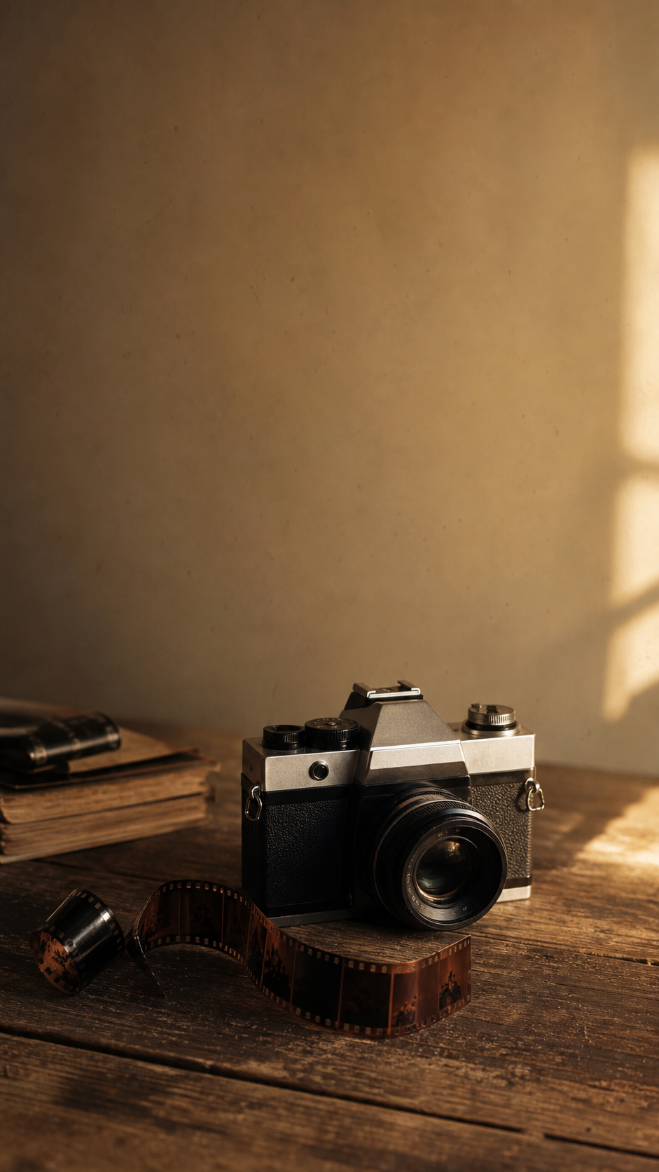 Vintage film wallpaper estetik with old 35mm camera, film strip, and warm wood texture.
